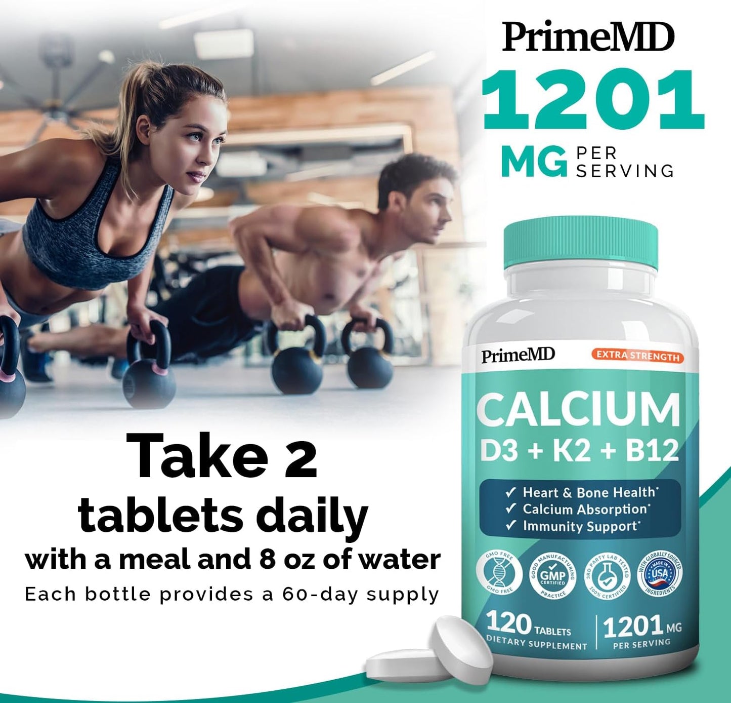 Extra Strength PrimeMD 4-in-1 Calcium Supplement with Vitamin D3, K2, and B12 - 1200mg Calcium Citrate for Bone and Heart Support - 120ct Tablets for Women and Men