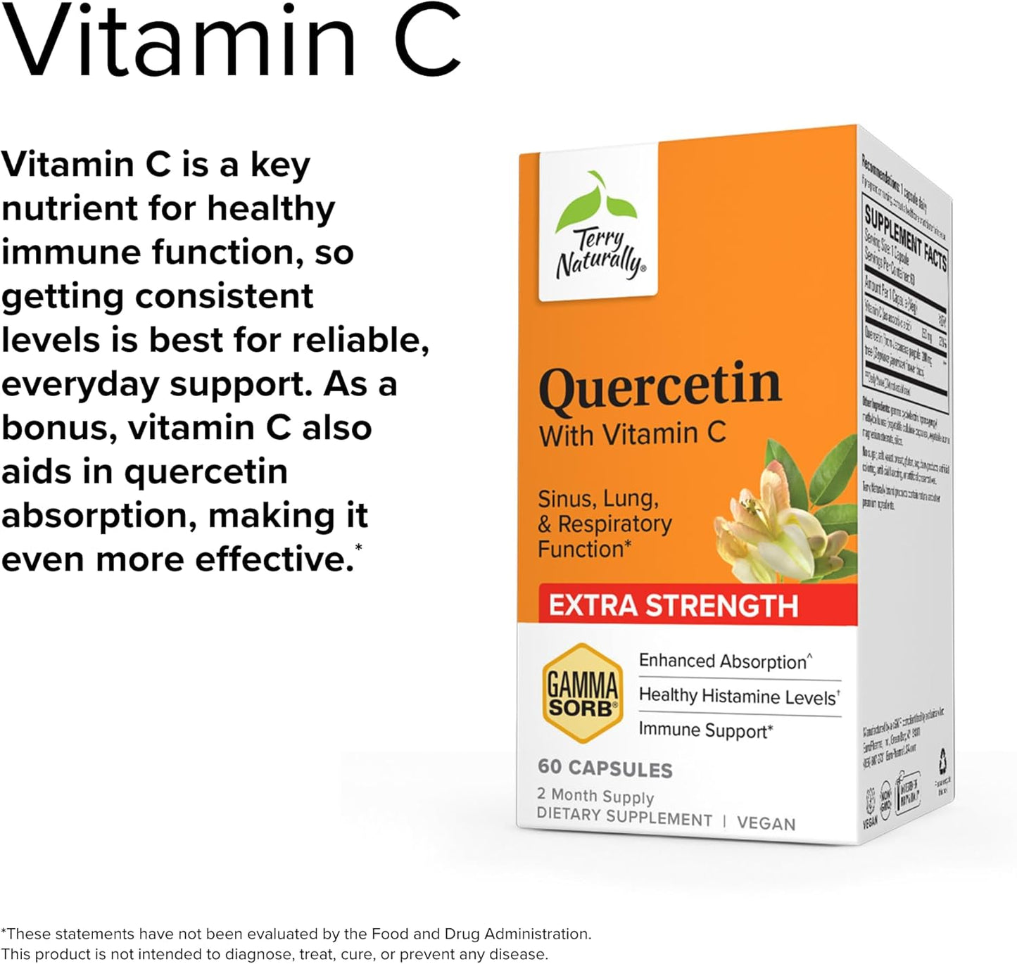 Extra Strength Quercetin with Vitamin C Capsules for Sinus, Lung & Respiratory Health - Non-GMO, Vegan - 60 Servings