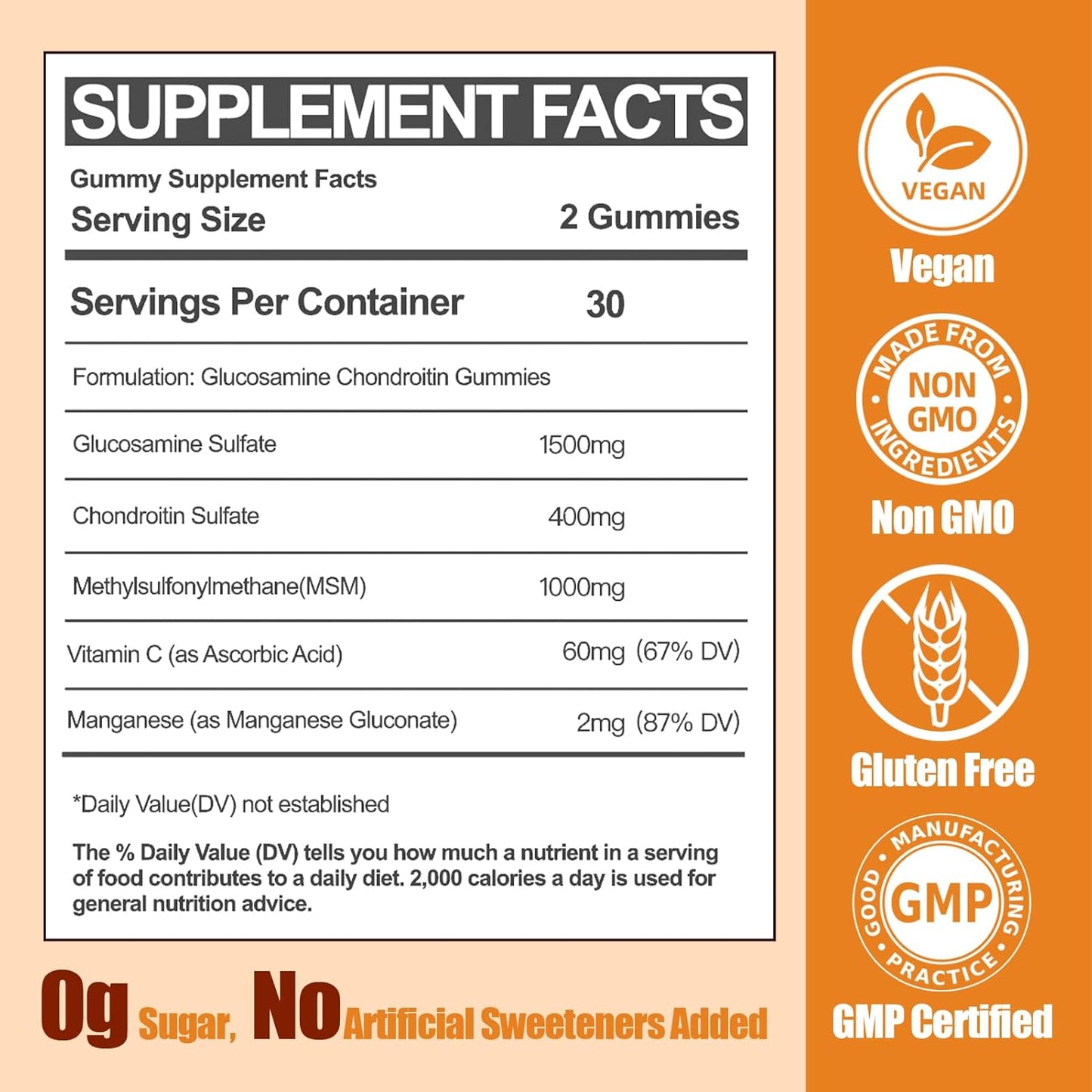 Extra Strength Sugar Free Glucosamine Chondroitin Gummies with Vitamin C - 1500mg Immune Support for Adults, Men & Women - 60 Count