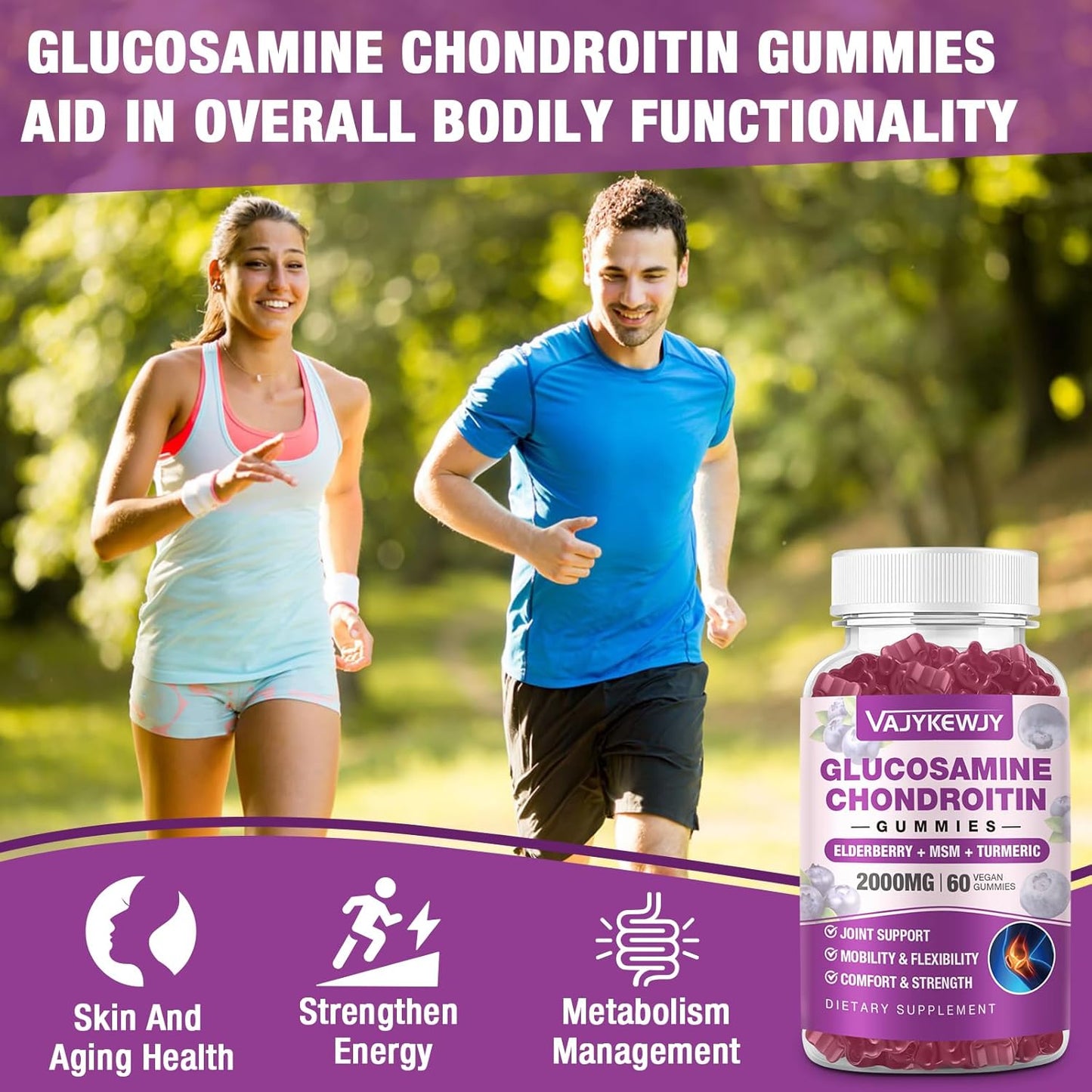 Extra Strength Sugar-Free Glucosamine Chondroitin Gummies - 2000mg with MSM, Turmeric, Joint & Immune Support - 60 Gummies