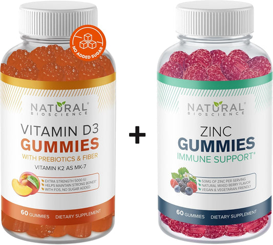 Extra Strength Sugar-Free Vitamin D3 K2 & Zinc Gummies for Immune, Bone, Heart, and Skin Health - 60 Gummy Vitamins