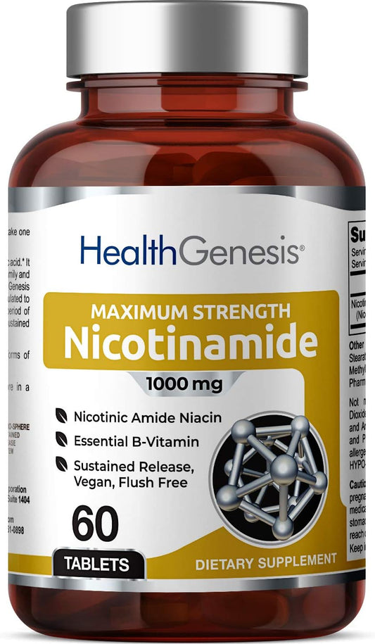 Extra Strength Timed Release Nicotinamide Niacin 1000mg - 60 Tablets for Skin Cell Health - Natural Flush-Free Vitamin Formula