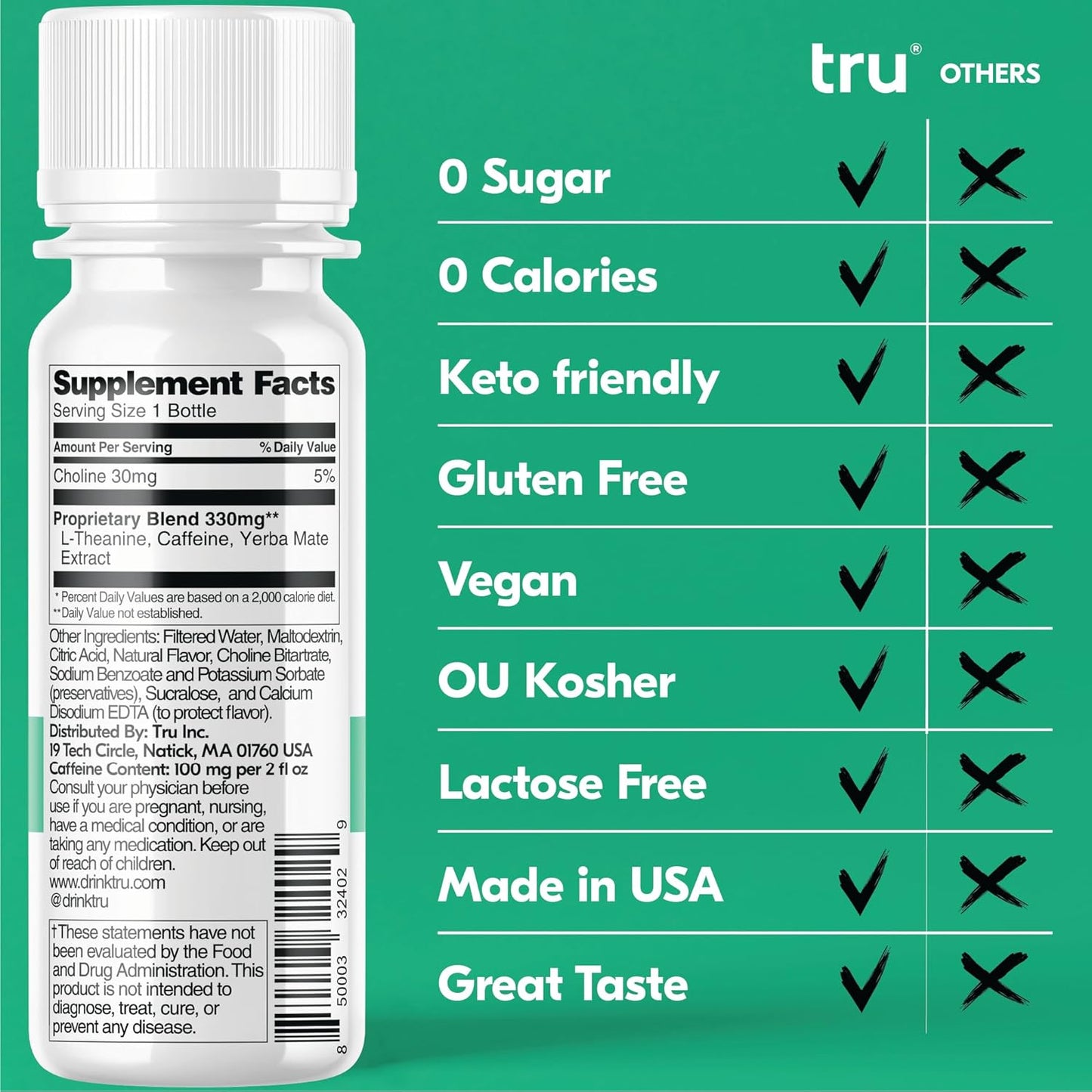 Extra Strength Tru Focus Shot Energy Shots with Yerba Mate, Apple Kiwi Flavor, 100mg Natural Caffeine - Kosher, Vegan, Gluten Free - 12 Pack, 2oz Shots