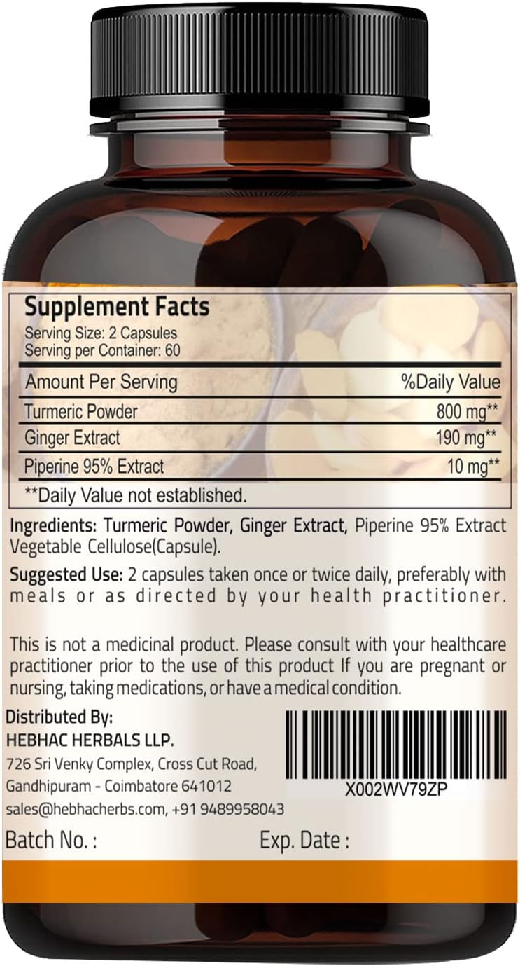 Extra Strength Turmeric Ginger with Black Pepper Capsules - 1000 mg, 95% Curcuminoids, Joint Support, Non-GMO - 120 Capsules