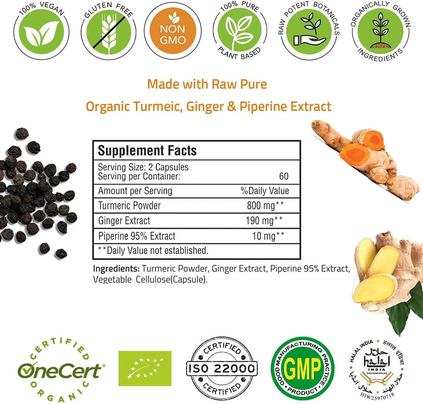 Extra Strength Turmeric Ginger with Black Pepper Capsules - 1000 mg, 95% Curcuminoids, Joint Support, Non-GMO - 120 Capsules