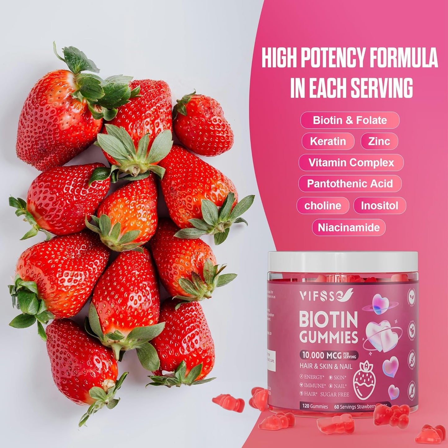 Extra Strength Vegan Biotin Gummies - 10,000mcg - Hair, Skin, Nails Support - 120 Sugar-Free Gummies - Men & Women - Fast Growth & Strength