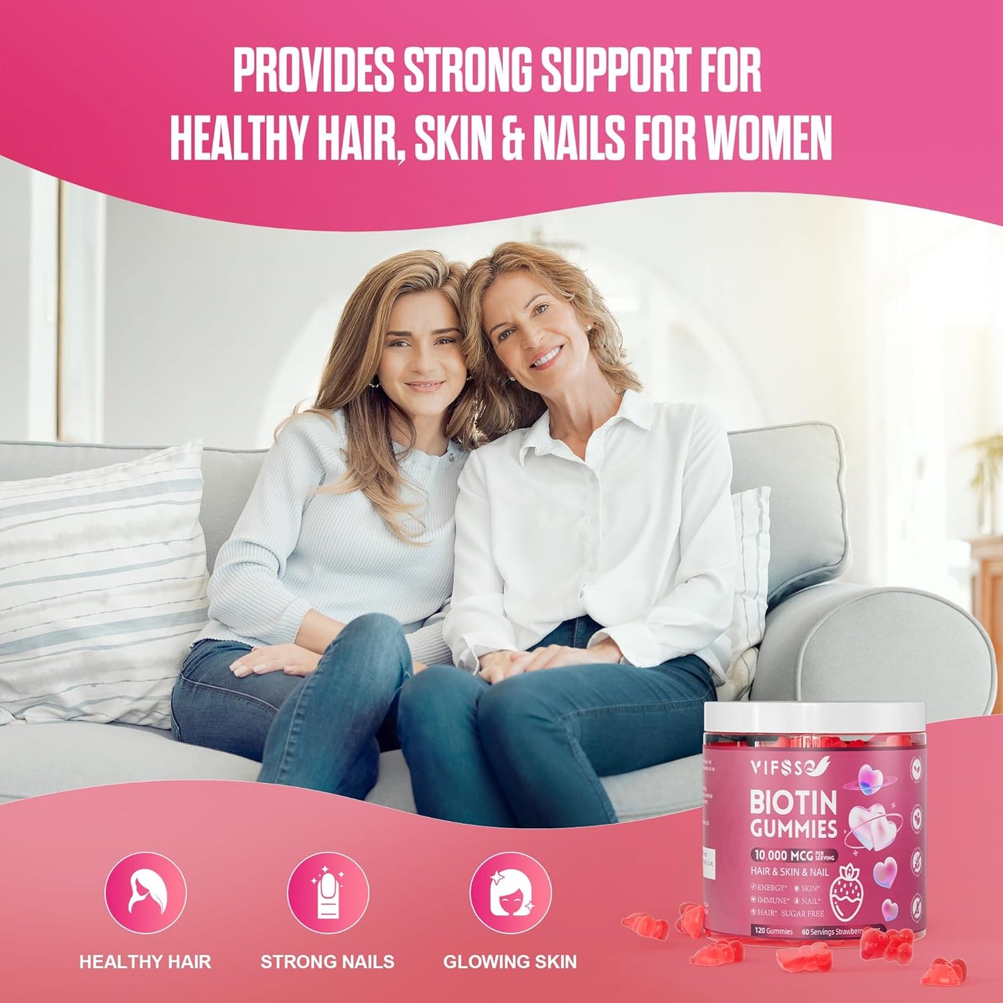 Extra Strength Vegan Biotin Gummies - 10,000mcg - Hair, Skin, Nails Support - 120 Sugar-Free Gummies - Men & Women - Fast Growth & Strength