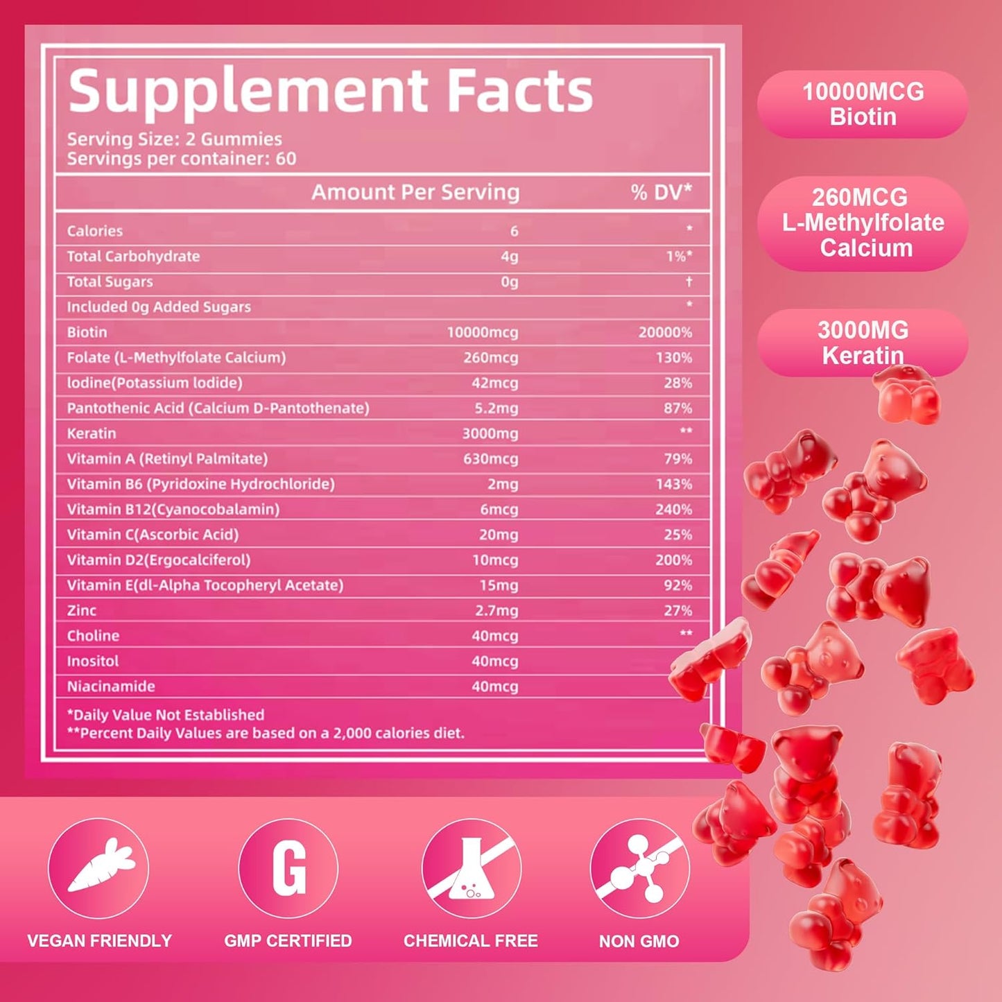 Extra Strength Vegan Biotin Gummies - 10,000mcg - Hair, Skin, Nails Support - 120 Sugar-Free Gummies - Men & Women - Fast Growth & Strength