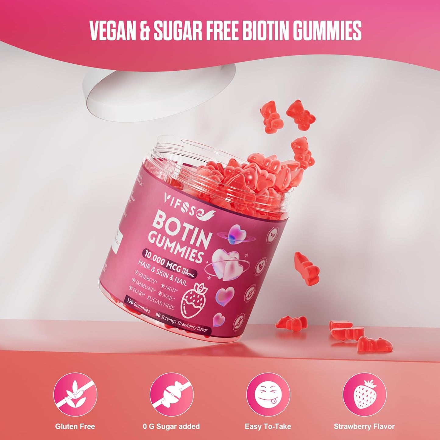 Extra Strength Vegan Biotin Gummies - 10,000mcg - Hair, Skin, Nails Support - 120 Sugar-Free Gummies - Men & Women - Fast Growth & Strength