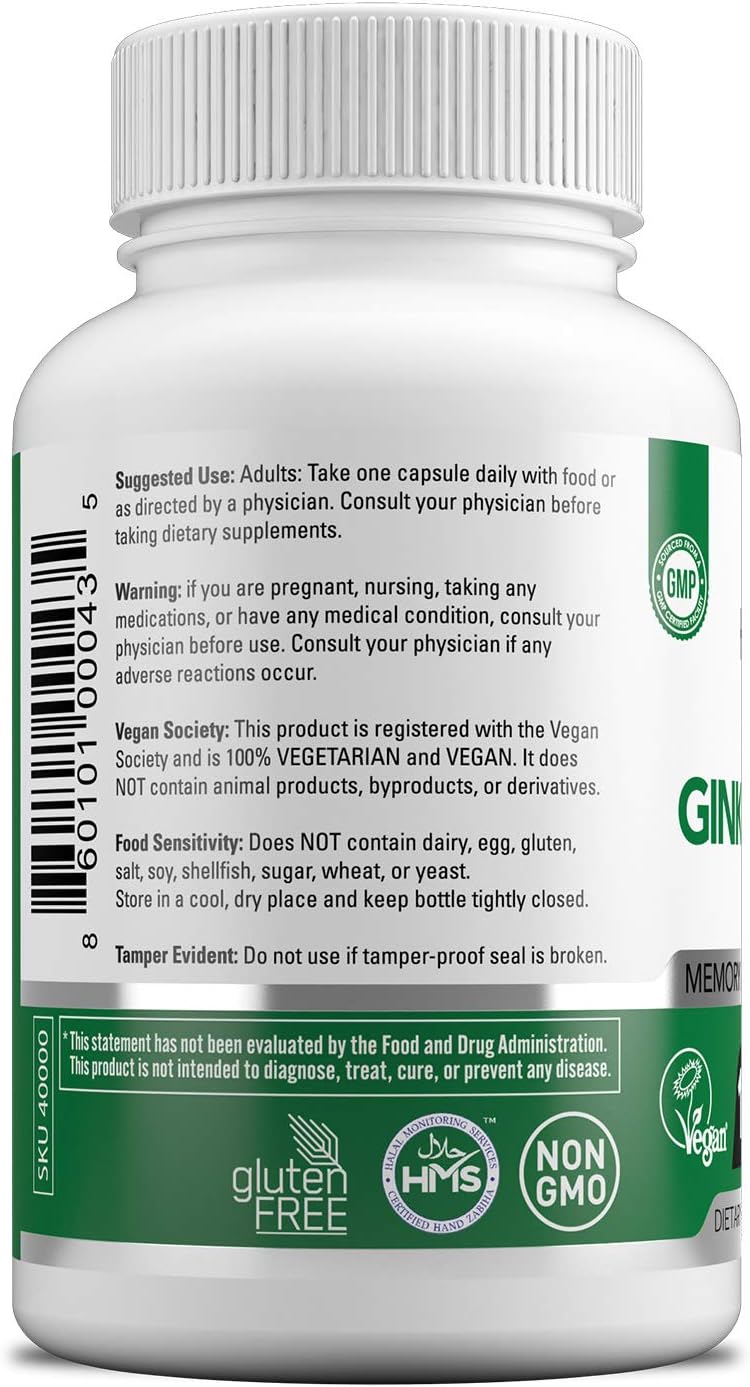 Extra Strength Vegan Ginkgo Biloba Vitamins - 500 MG per Serving, Brain Function & Memory Support - 120 Capsules, Halal Certified, Made in USA