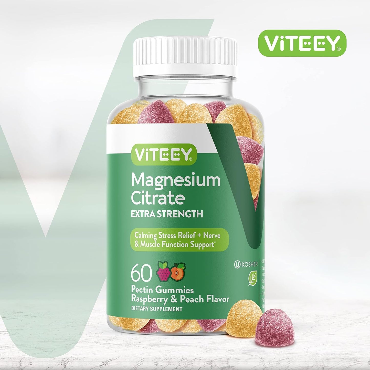 Extra Strength Vegan Magnesium Citrate Gummies for Adults & Teens - 170mg, Supports Calm Mood, Muscle Function - Raspberry & Peach Flavor