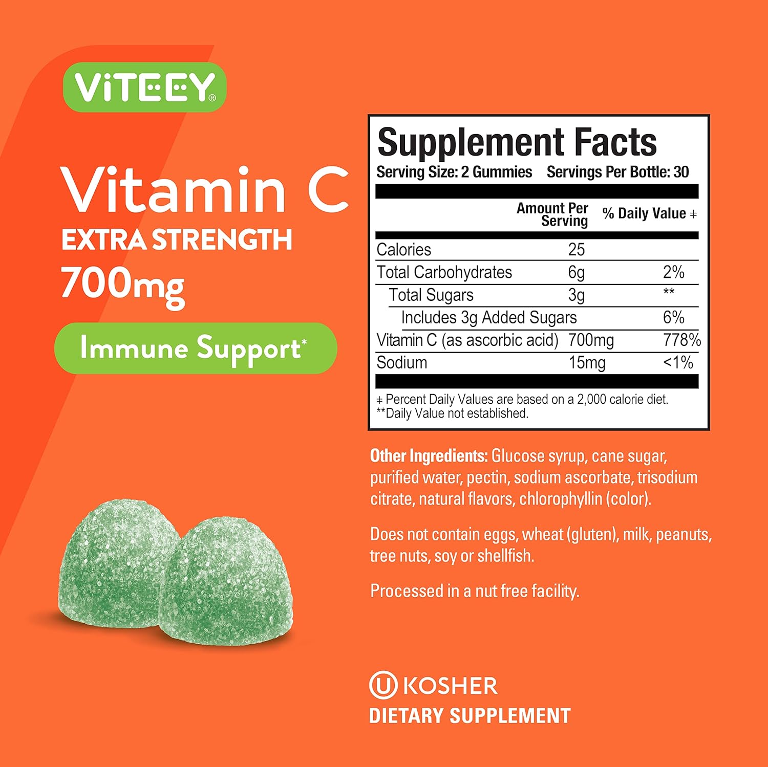 Extra Strength Vegan Vitamin C Gummies for Adults & Teens - Immune Support Booster - 700mg - Sour Apple Flavored - 120 Count