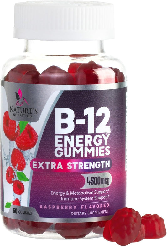 Extra Strength Vitamin B12 Energy Gummies - 4500mcg Chewable for Energy & Nervous System Support - B-12 Complex Gummy for Women, Men, Kids - Non-GMO, Vegan - Berry Flavor - 60 Gummies