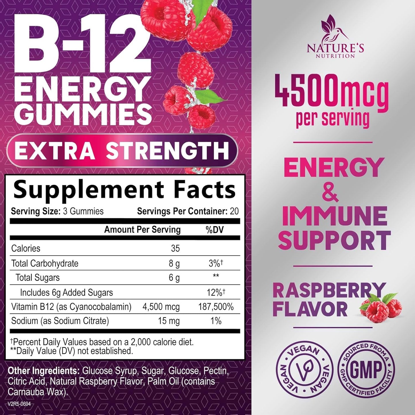 Extra Strength Vitamin B12 Energy Gummies - 4500mcg Chewable for Energy & Nervous System Support - B-12 Complex Gummy for Women, Men, Kids - Non-GMO, Vegan - Berry Flavor - 60 Gummies