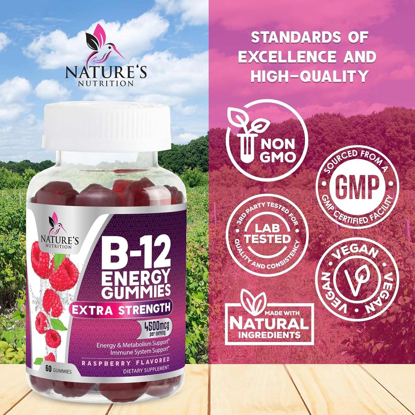 Extra Strength Vitamin B12 Energy Gummies - 4500mcg Chewable for Energy & Nervous System Support - B-12 Complex Gummy for Women, Men, Kids - Non-GMO, Vegan - Berry Flavor - 60 Gummies