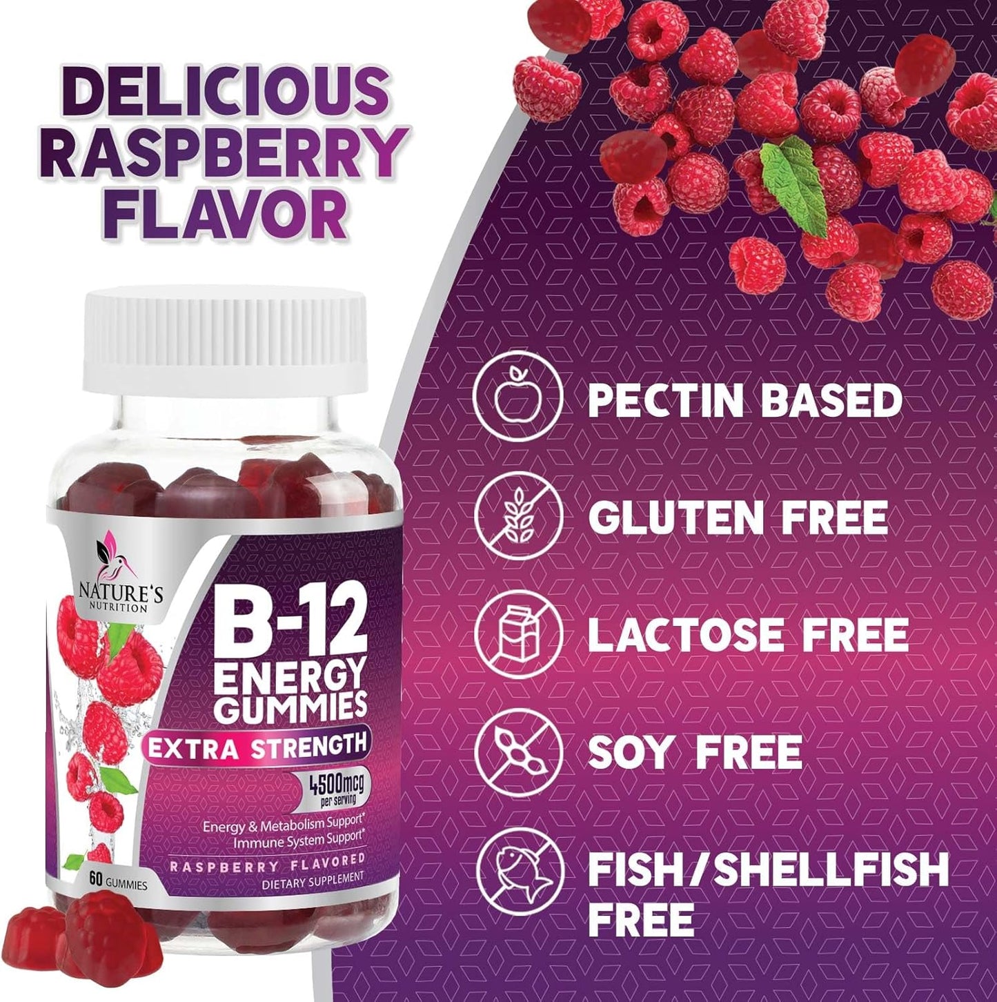Extra Strength Vitamin B12 Energy Gummies - 4500mcg Chewable for Energy & Nervous System Support - B-12 Complex Gummy for Women, Men, Kids - Non-GMO, Vegan - Berry Flavor - 60 Gummies