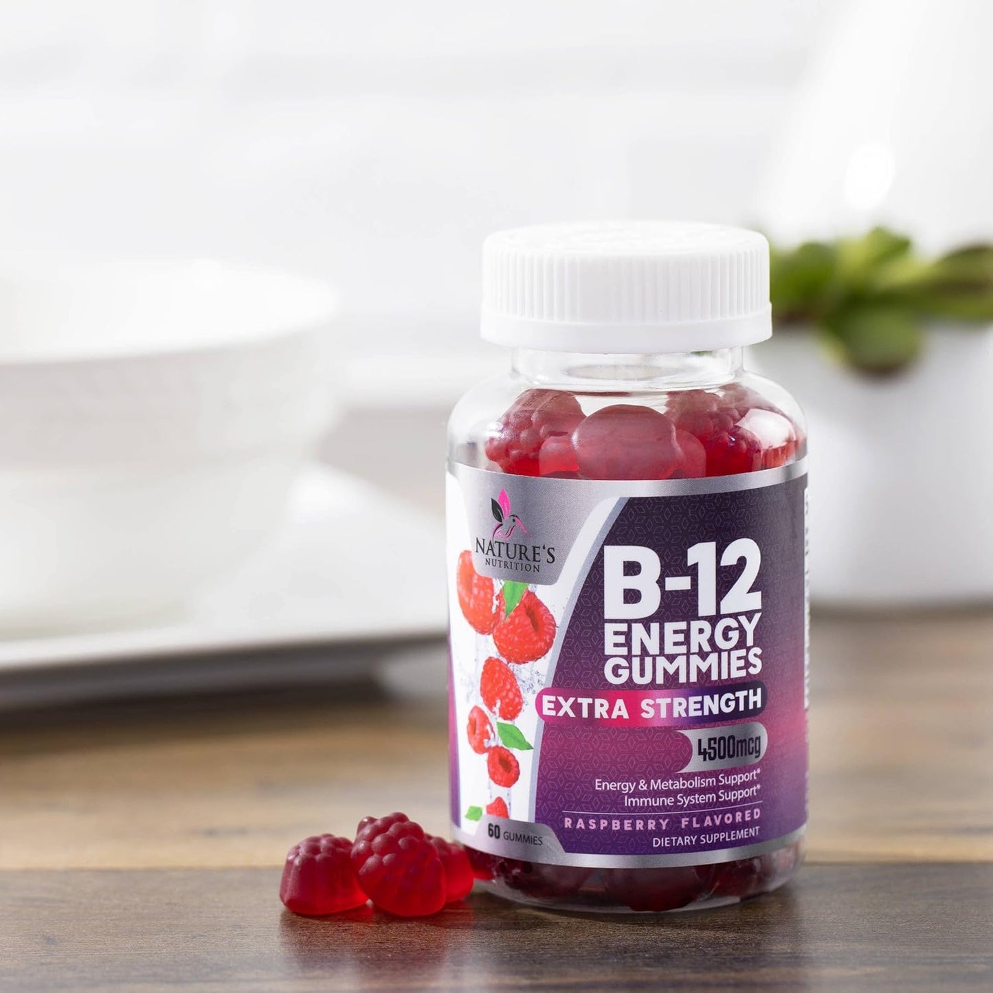 Extra Strength Vitamin B12 Energy Gummies - 4500mcg Chewable for Energy & Nervous System Support - B-12 Complex Gummy for Women, Men, Kids - Non-GMO, Vegan - Berry Flavor - 60 Gummies