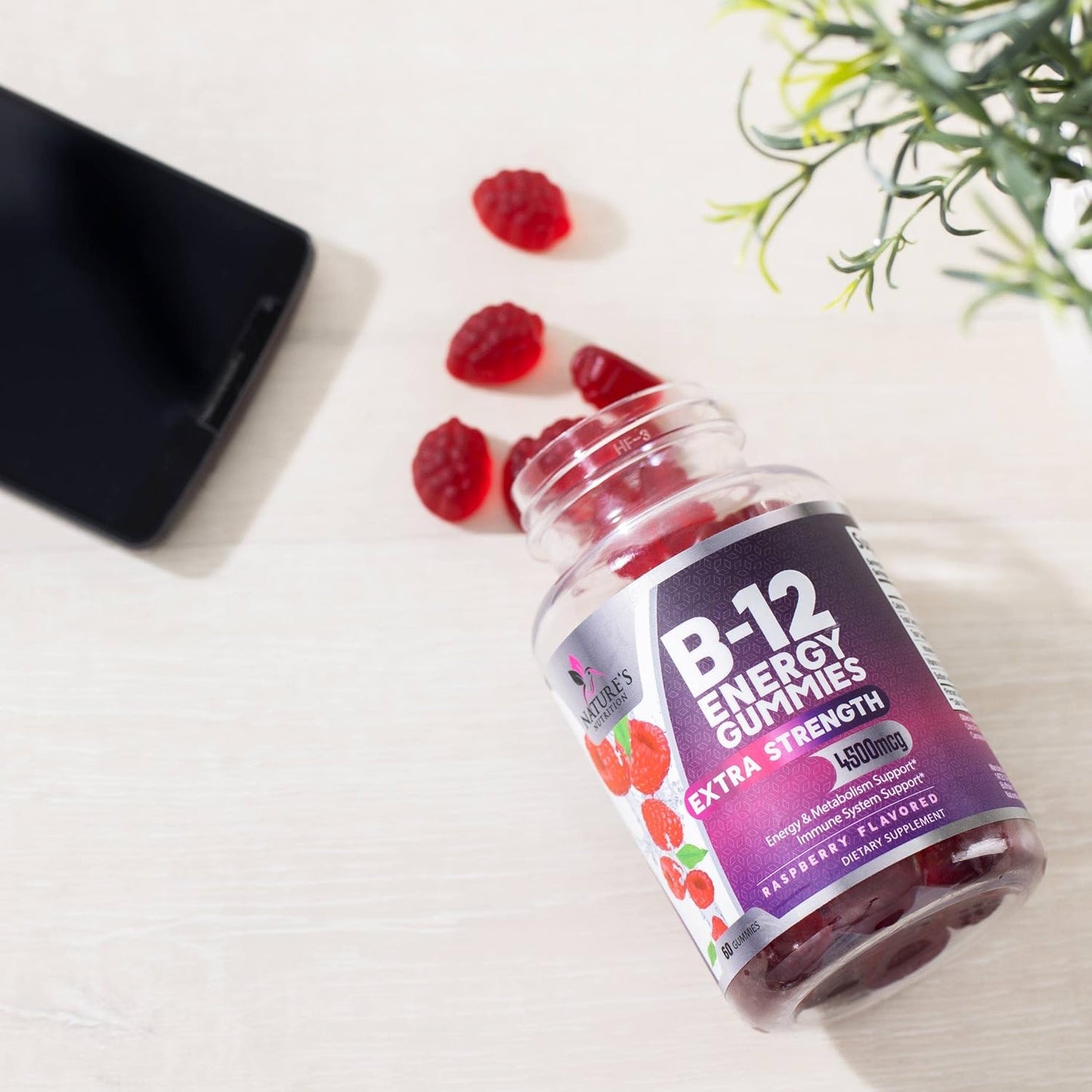 Extra Strength Vitamin B12 Energy Gummies - 4500mcg Chewable for Energy & Nervous System Support - B-12 Complex Gummy for Women, Men, Kids - Non-GMO, Vegan - Berry Flavor - 60 Gummies