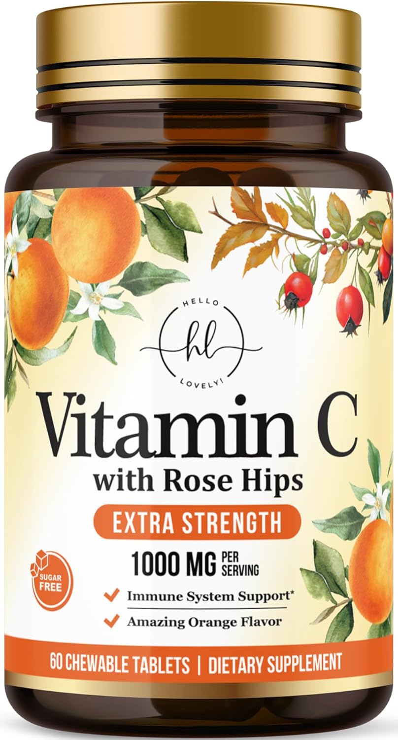 Extra Strength Vitamin C 1000mg Chewable Tablets with Rose HIPS Bioflavonoids - Immune Support & Antioxidant Protection - 60 Capsules