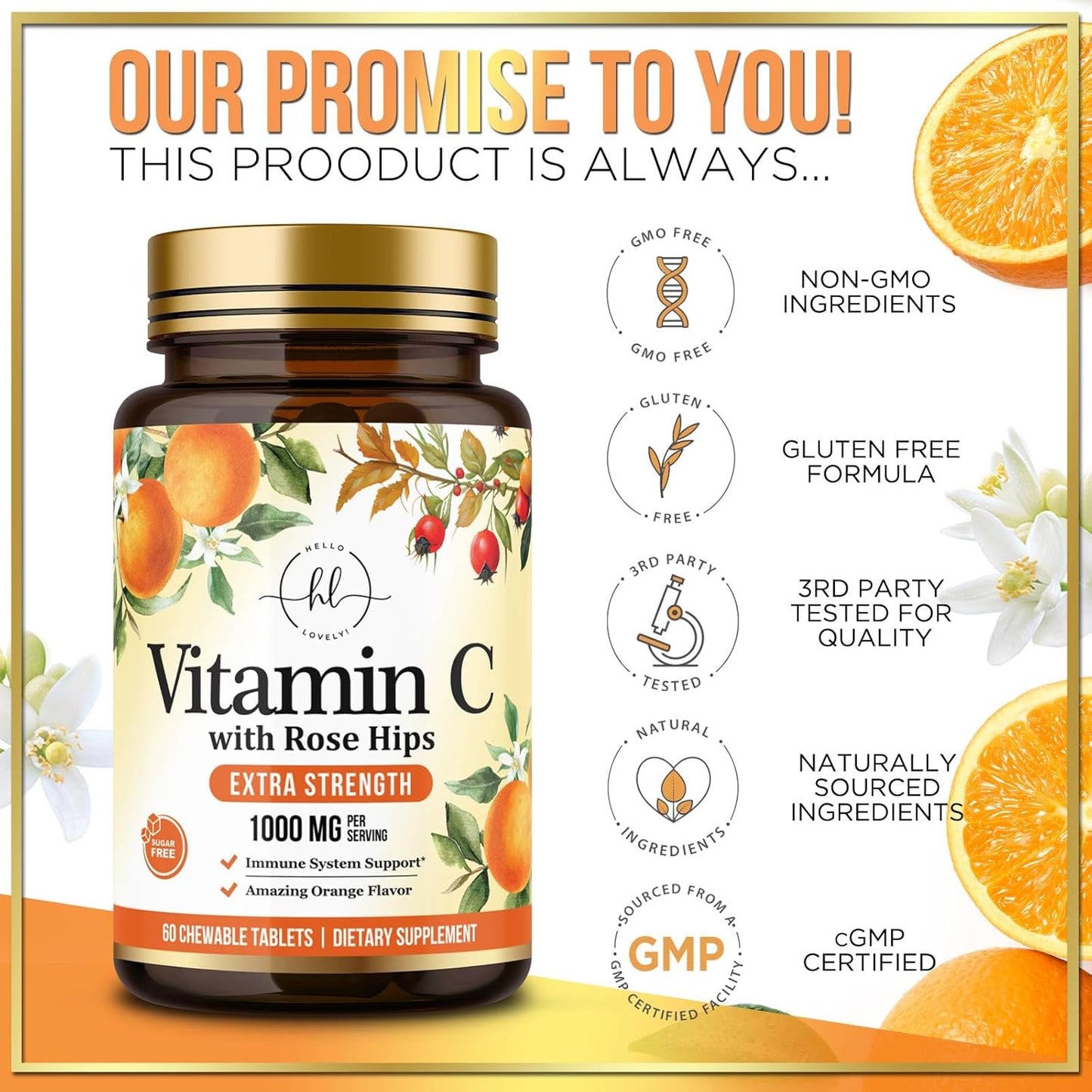 Extra Strength Vitamin C 1000mg Chewable Tablets with Rose HIPS Bioflavonoids - Immune Support & Antioxidant Protection - 60 Capsules