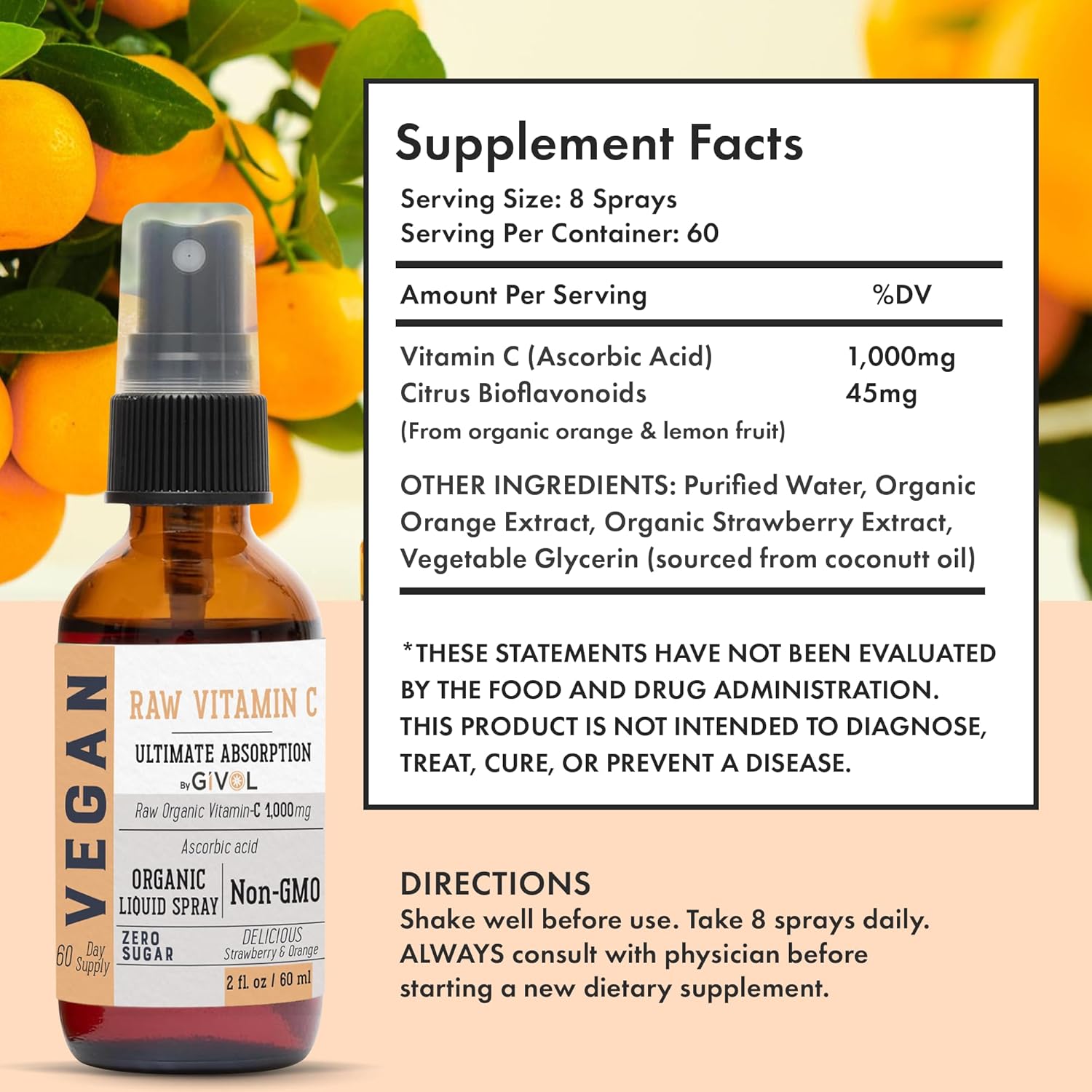 Extra Strength Vitamin C Spray with Lemon, Orange, Strawberry Extracts - 2oz (60ml) - 60 Day Supply