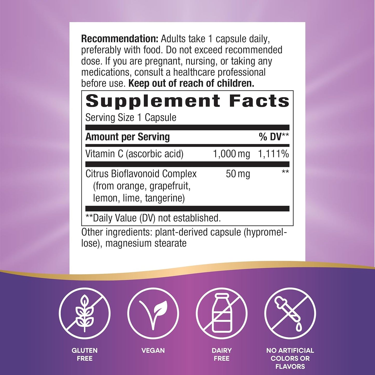 Extra Strength Vitamin C with Bioflavonoids for Immune Health & Healthy Skin - 100 Vegan Capsules