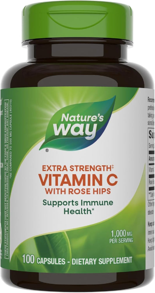 Extra Strength Vitamin C with Rose HIPS Capsules - Immune Health Support - High Potency, 100 Count