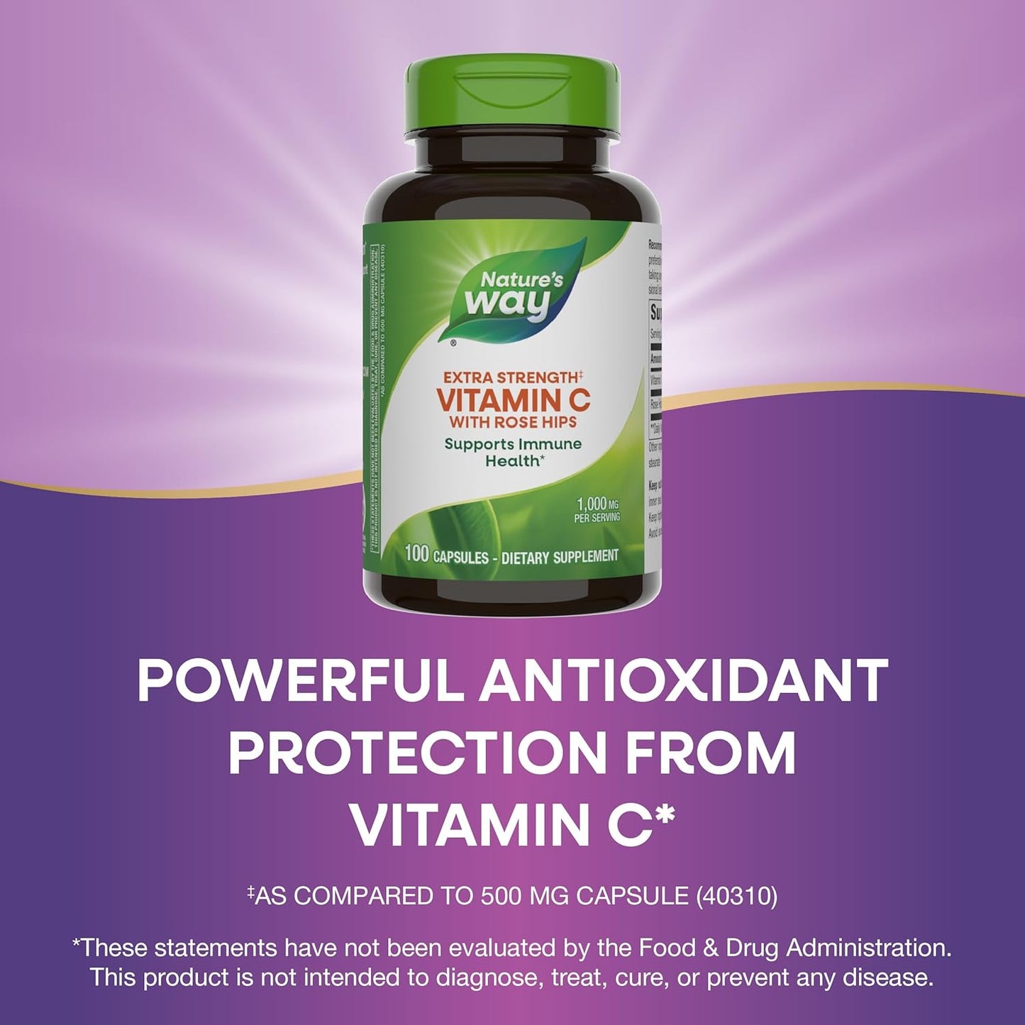 Extra Strength Vitamin C with Rose HIPS Capsules - Immune Health Support - High Potency, 100 Count