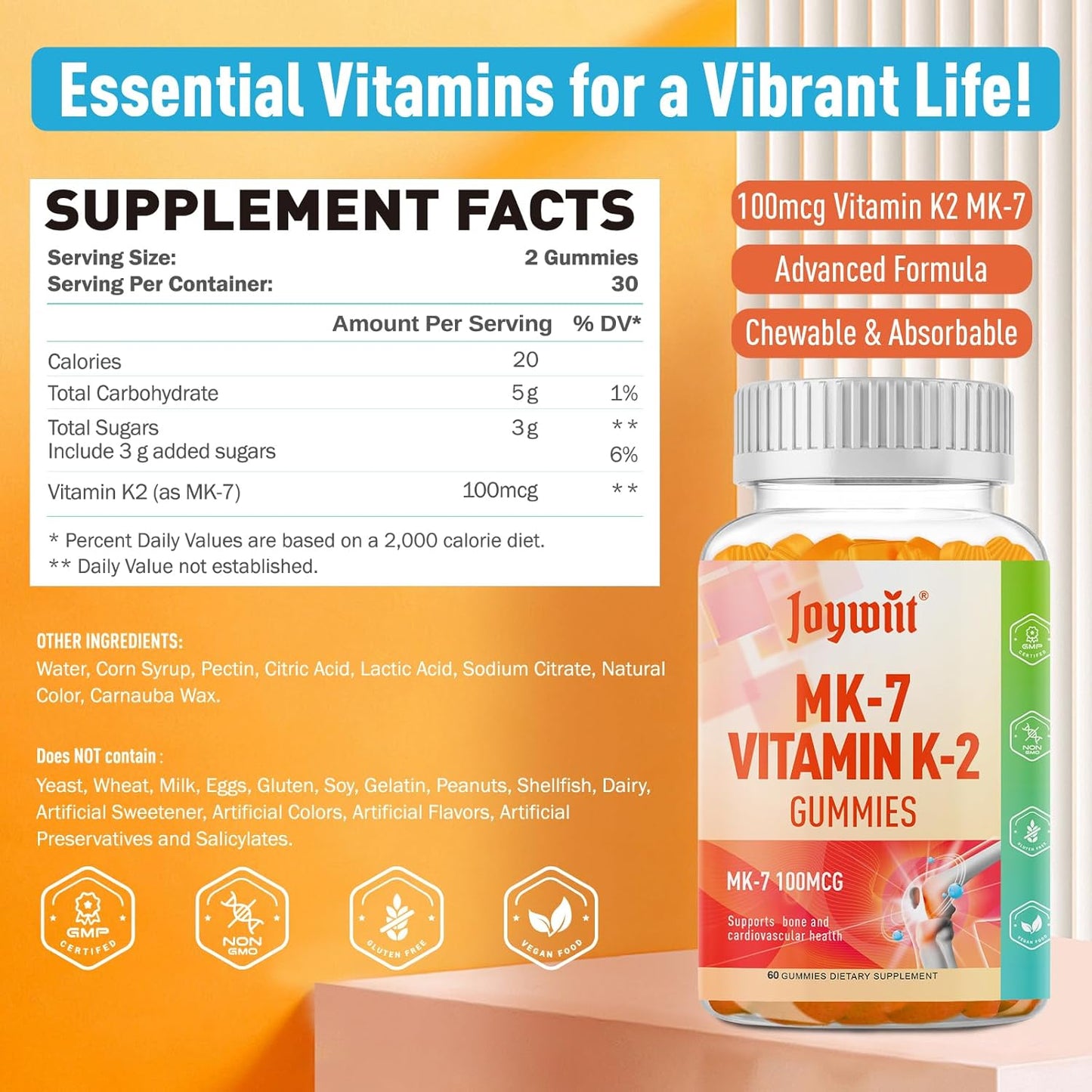 Extra Strength Vitamin K2 MK-7 Gummies for Bone & Heart Support - Natural Orange Flavor, Non GMO, Vegan - 60 Gummies