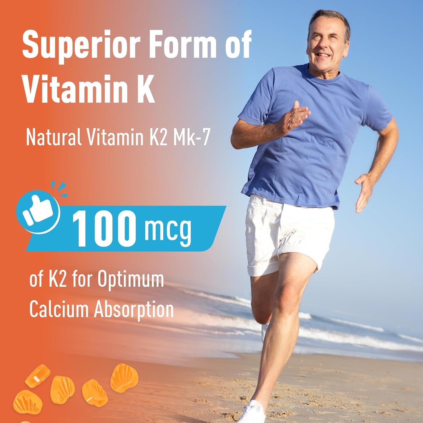 Extra Strength Vitamin K2 MK-7 Gummies for Bone & Heart Support - Natural Orange Flavor, Non GMO, Vegan - 60 Gummies