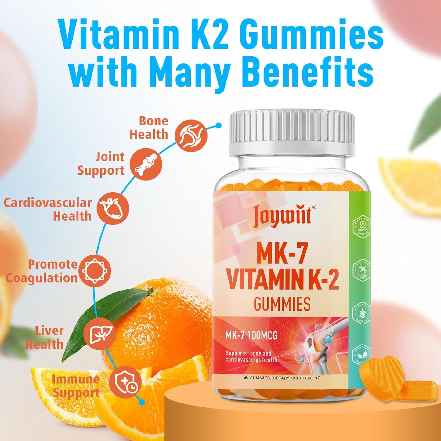 Extra Strength Vitamin K2 MK-7 Gummies for Bone & Heart Support - Natural Orange Flavor, Non GMO, Vegan - 60 Gummies