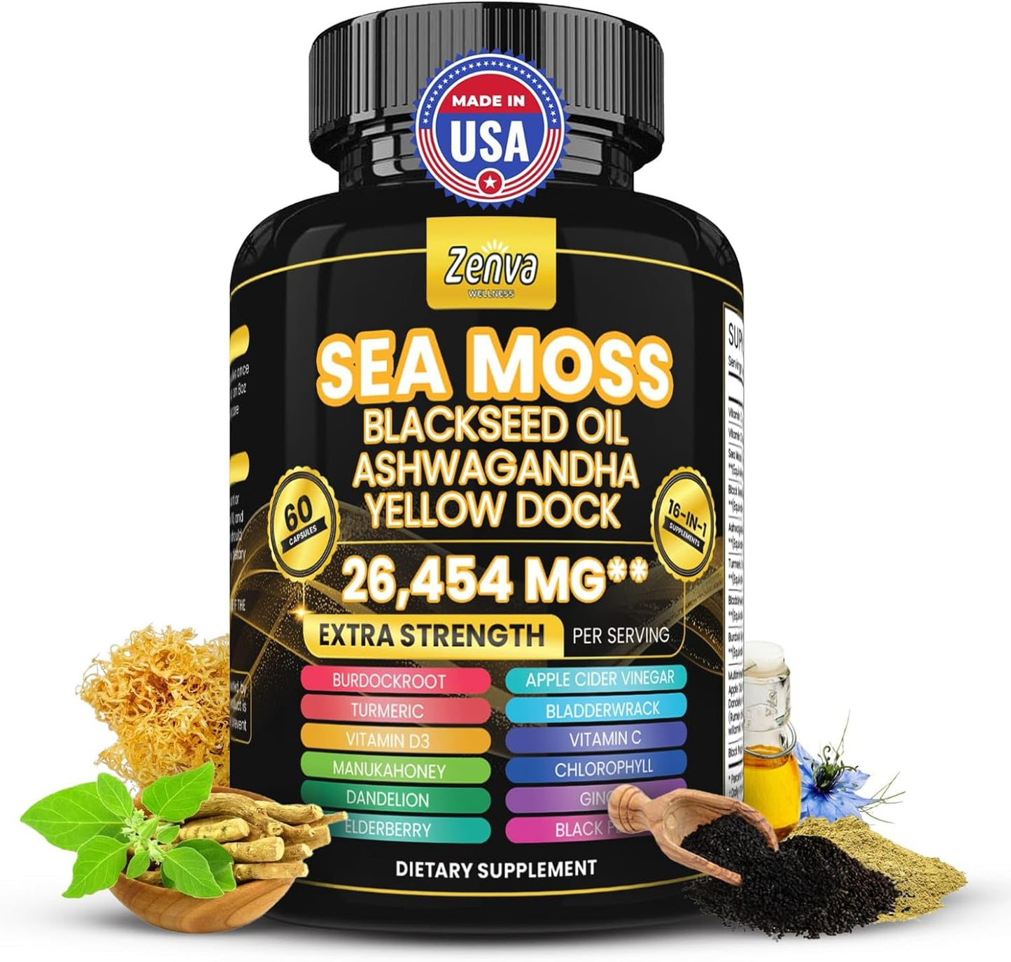 Extra Strength Zenva Wellness Seamoss Black Seed Oil Ashwagandha Ginger Yellow Dock Capsules with Bladderwrack, Elderberry, Turmeric, and Vitamin D3
