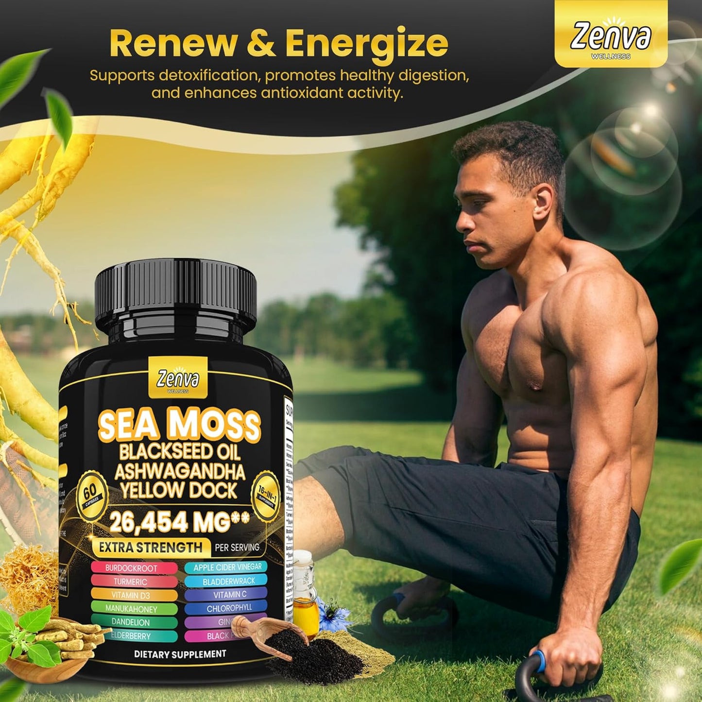 Extra Strength Zenva Wellness Seamoss Black Seed Oil Ashwagandha Ginger Yellow Dock Capsules with Bladderwrack, Elderberry, Turmeric, and Vitamin D3