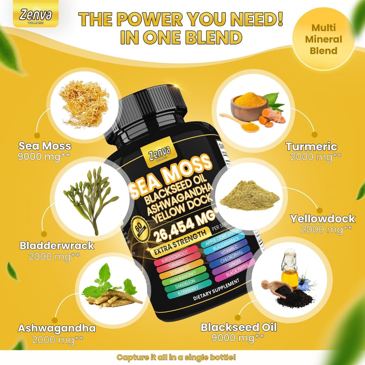 Extra Strength Zenva Wellness Seamoss Black Seed Oil Ashwagandha Ginger Yellow Dock Capsules with Bladderwrack, Elderberry, Turmeric, and Vitamin D3