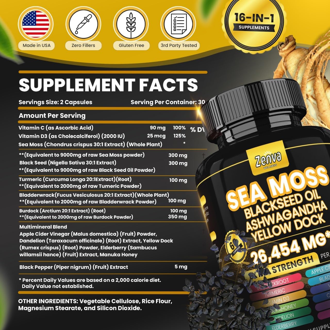 Extra Strength Zenva Wellness Seamoss Black Seed Oil Ashwagandha Ginger Yellow Dock Capsules with Bladderwrack, Elderberry, Turmeric, and Vitamin D3