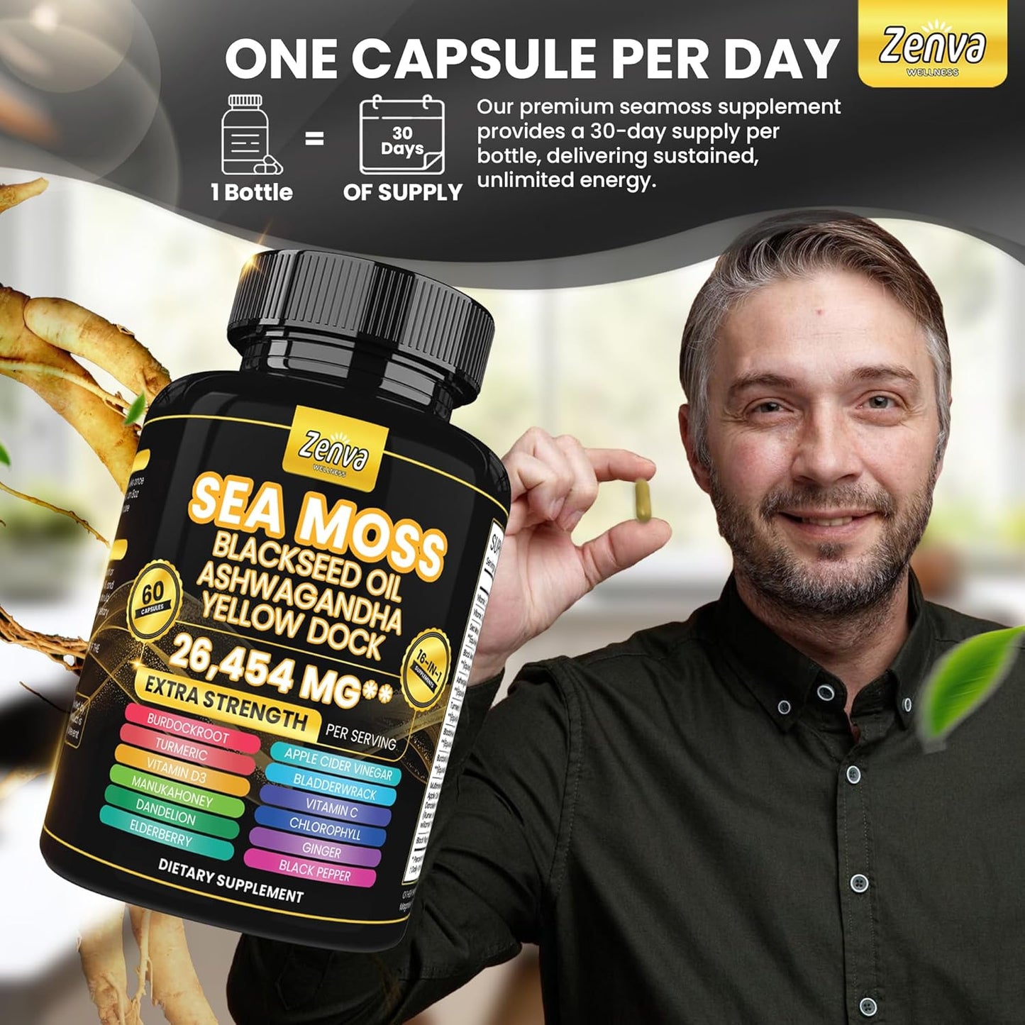 Extra Strength Zenva Wellness Seamoss Black Seed Oil Ashwagandha Ginger Yellow Dock Capsules with Bladderwrack, Elderberry, Turmeric, and Vitamin D3