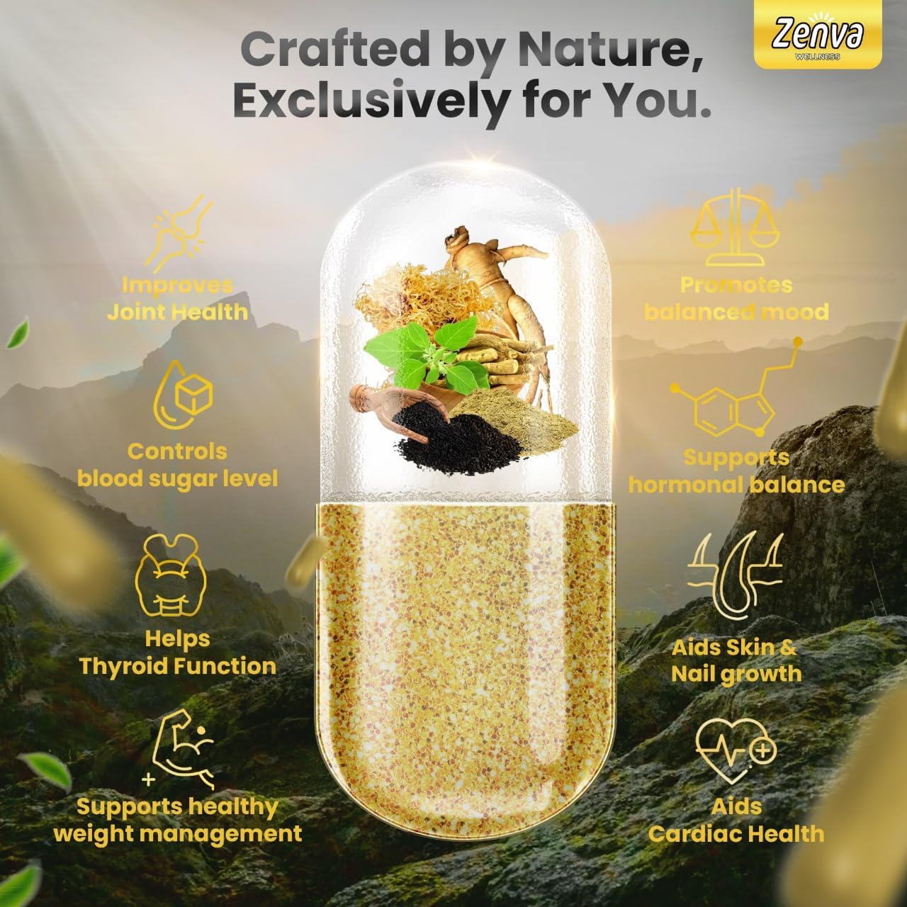 Extra Strength Zenva Wellness Seamoss Black Seed Oil Ashwagandha Ginger Yellow Dock Capsules with Bladderwrack, Elderberry, Turmeric, and Vitamin D3