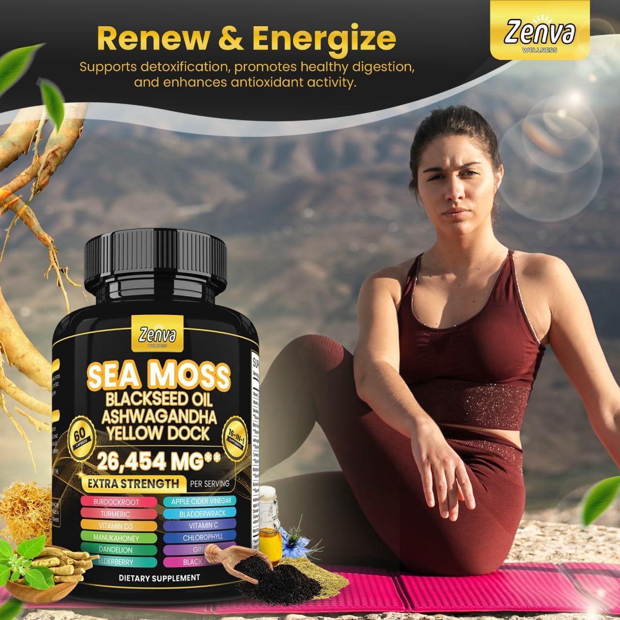 Extra Strength Zenva Wellness Seamoss Black Seed Oil Ashwagandha Ginger Yellow Dock Capsules with Bladderwrack, Elderberry, Turmeric, and Vitamin D3