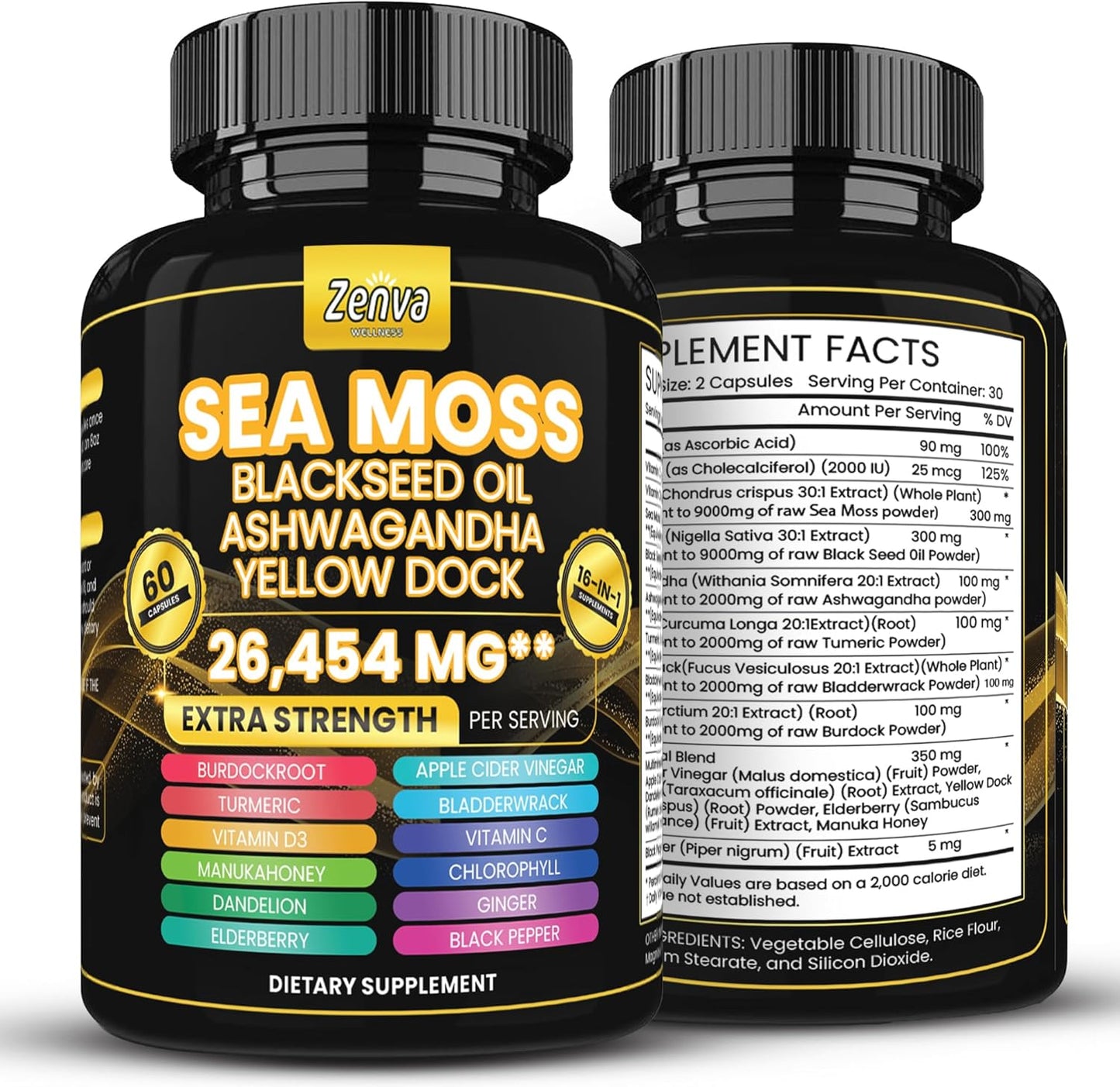 Extra Strength Zenva Wellness Seamoss Black Seed Oil Ashwagandha Ginger Yellow Dock Capsules with Bladderwrack, Elderberry, Turmeric, and Vitamin D3
