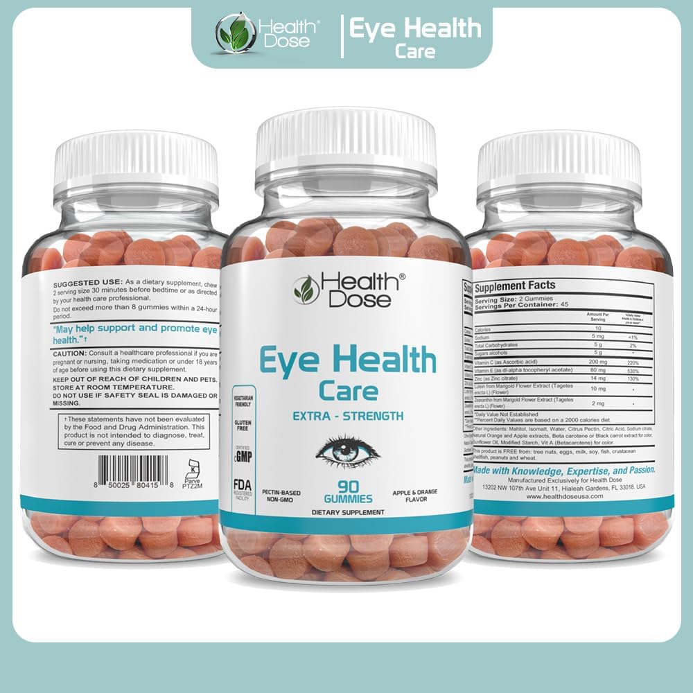 Eye Health Gummies with Lutein & Zeaxanthin for Eye Strain, Dry Eyes, Visual Performance - Apple & Orange Flavor - 90 Gummies