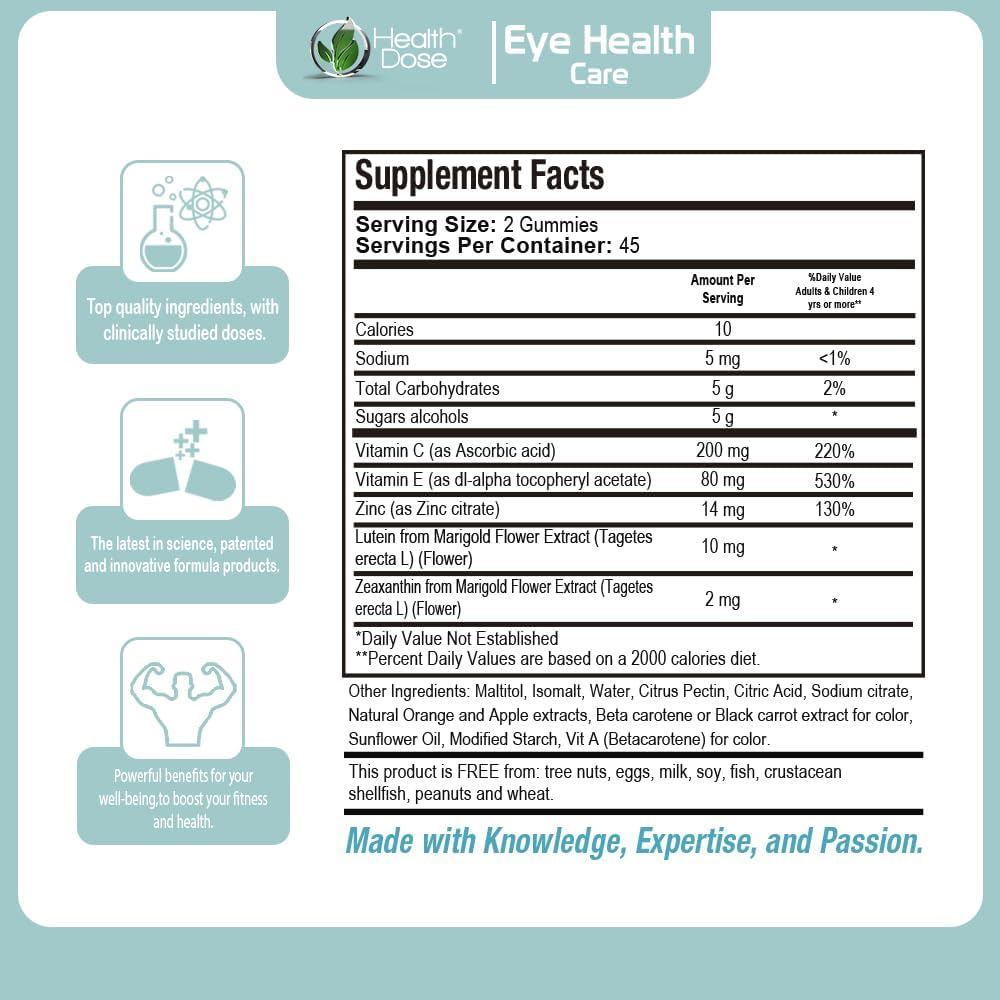 Eye Health Gummies with Lutein & Zeaxanthin for Eye Strain, Dry Eyes, Visual Performance - Apple & Orange Flavor - 90 Gummies