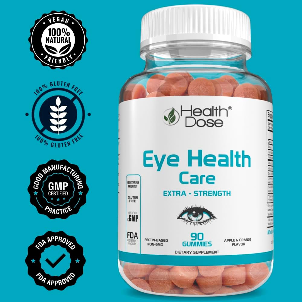 Eye Health Gummies with Lutein & Zeaxanthin for Eye Strain, Dry Eyes, Visual Performance - Apple & Orange Flavor - 90 Gummies