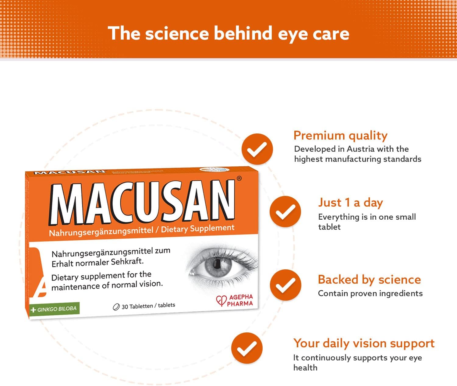 Eye Health Supplement with Lutein, Zeaxanthin, Ginkgo Biloba & Omega-3 - MACUSAN Dry Eye Tablets for Age-Related Vision Issues