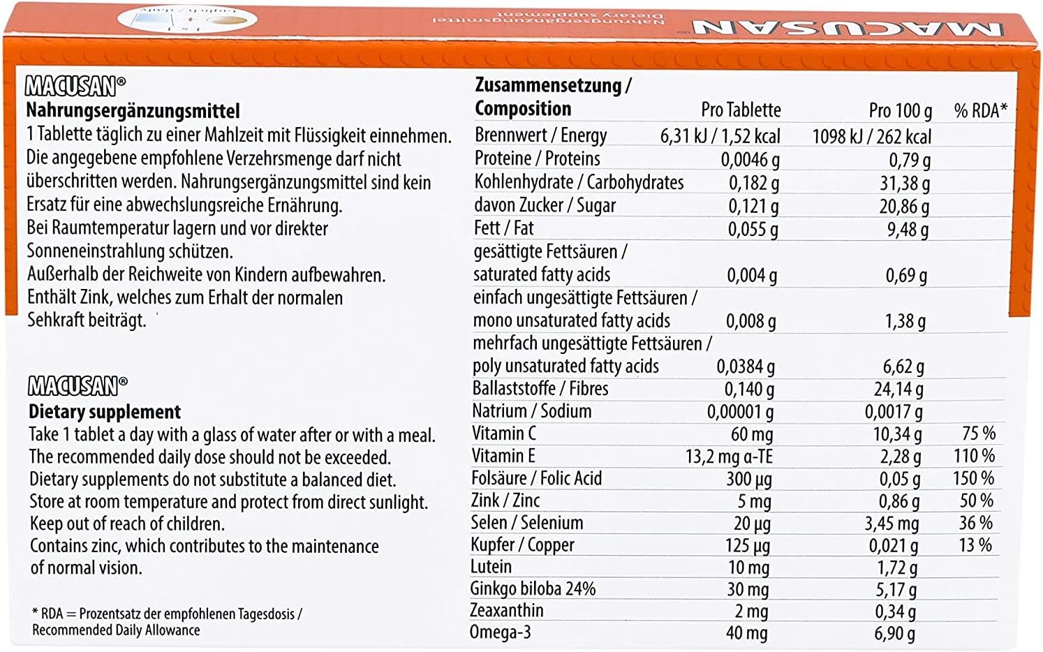 Eye Health Supplement with Lutein, Zeaxanthin, Ginkgo Biloba & Omega-3 - MACUSAN Dry Eye Tablets for Age-Related Vision Issues