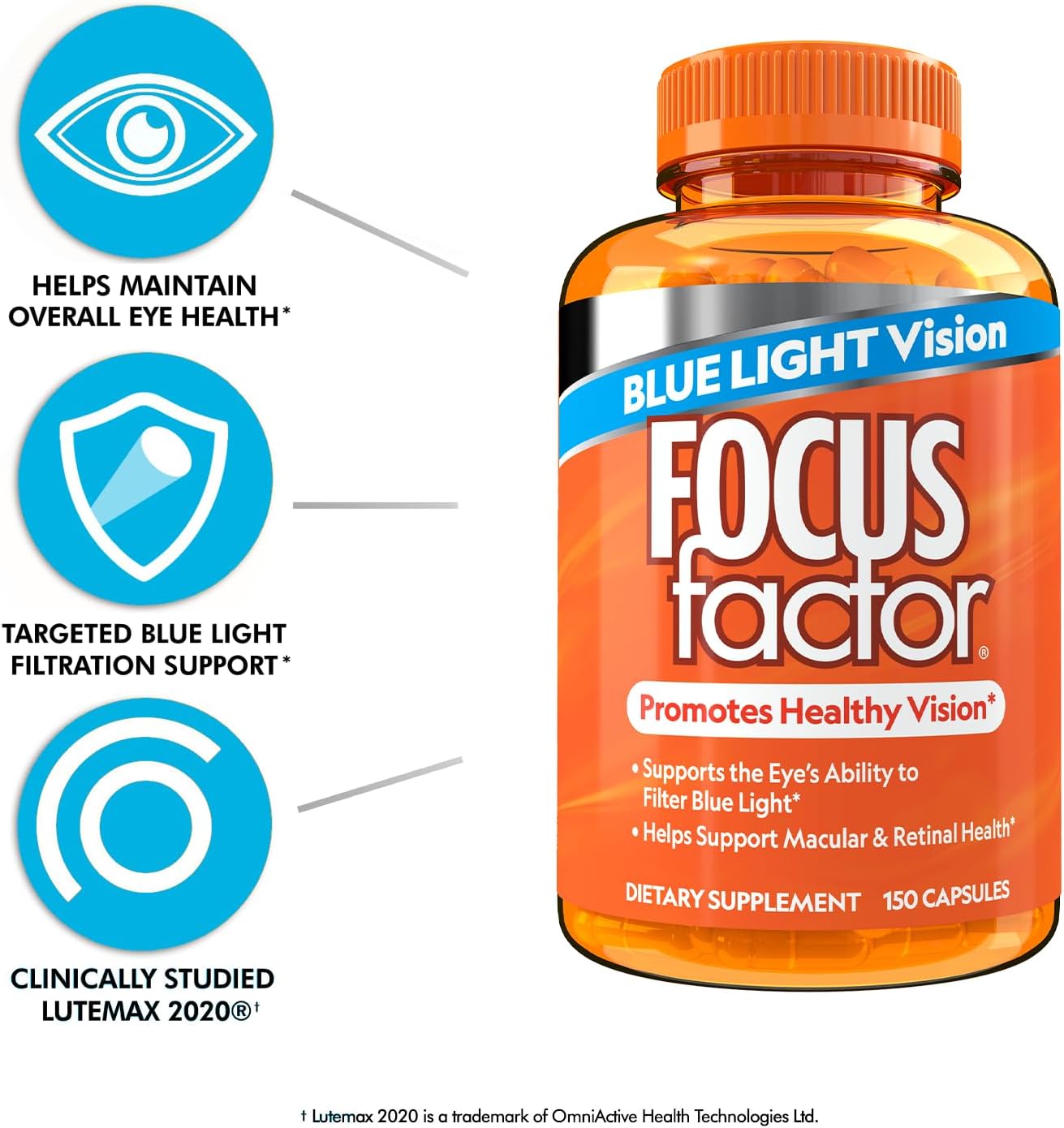 Eye Vitamin Supplement with Blue Light Filtration Support - Focus Factor Blue Light Formula (150 Count) - Lutein, Zeaxanthin, Vitamin C, E, Lutemax 2020® - Promotes Eye Health - BoostGo Australia