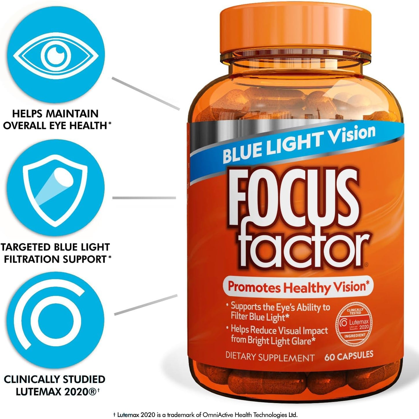 Eye Vitamins with Blue Light Filtration - Focus Factor Blue Light Formula (60 Count) - Lutein, Zeaxanthin, Vitamin C & E - Supports Eye Health with Lutemax 2020® - BoostGo Australia
