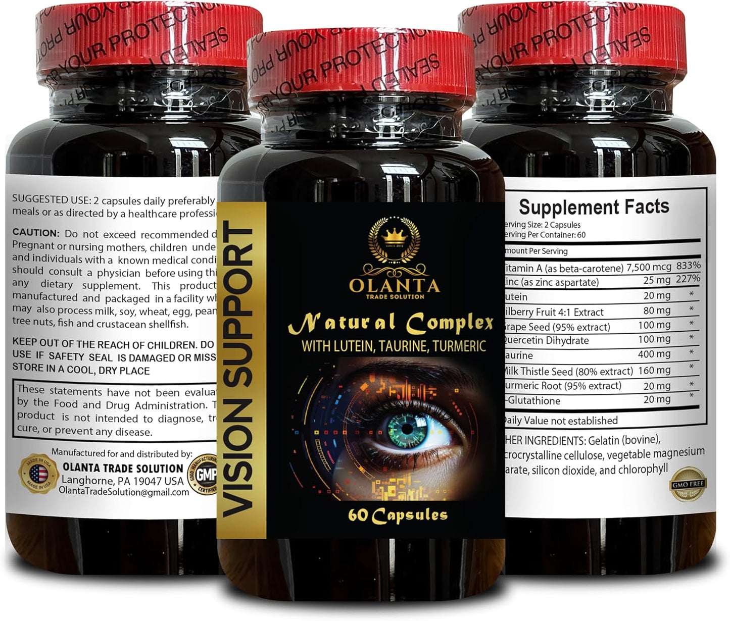 Eye Vitamins with Lutein, Bilberry & Antioxidants - Vision Support Complex with Organic Milk Thistle & Taurine - Advanced Eye Health Supplement