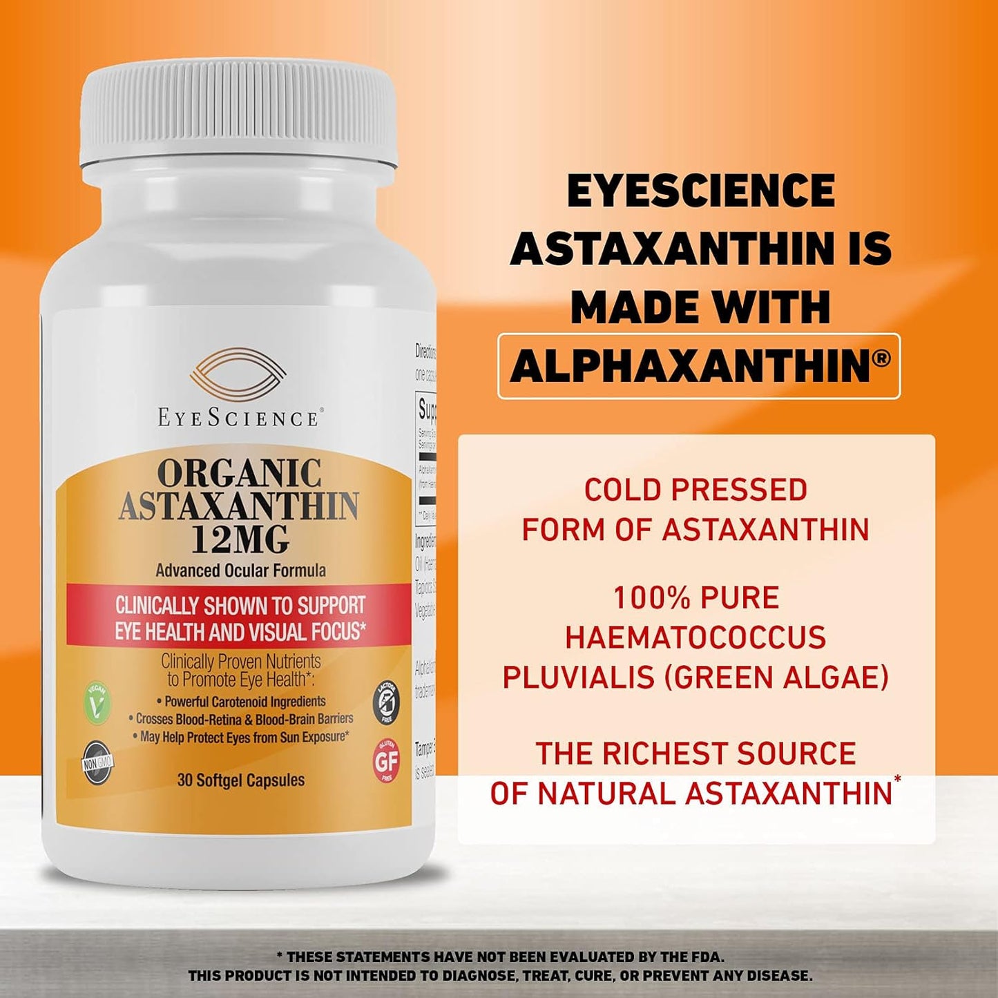 EyeScience Astaxanthin 12mg Capsules - 30 Count, Non-GMO & Gluten-Free
