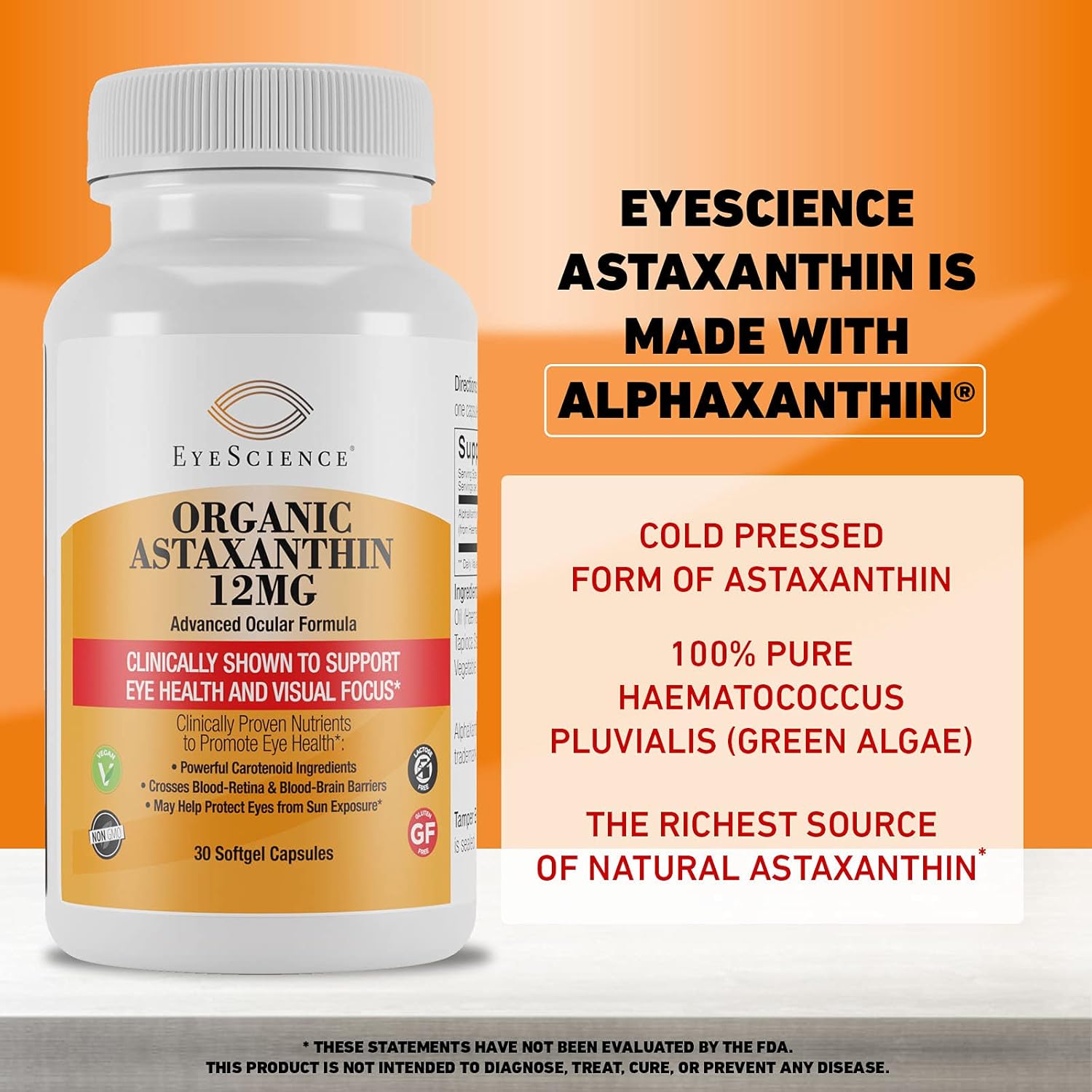 EyeScience Astaxanthin 12mg Capsules - 30 Count, Non-GMO & Gluten-Free