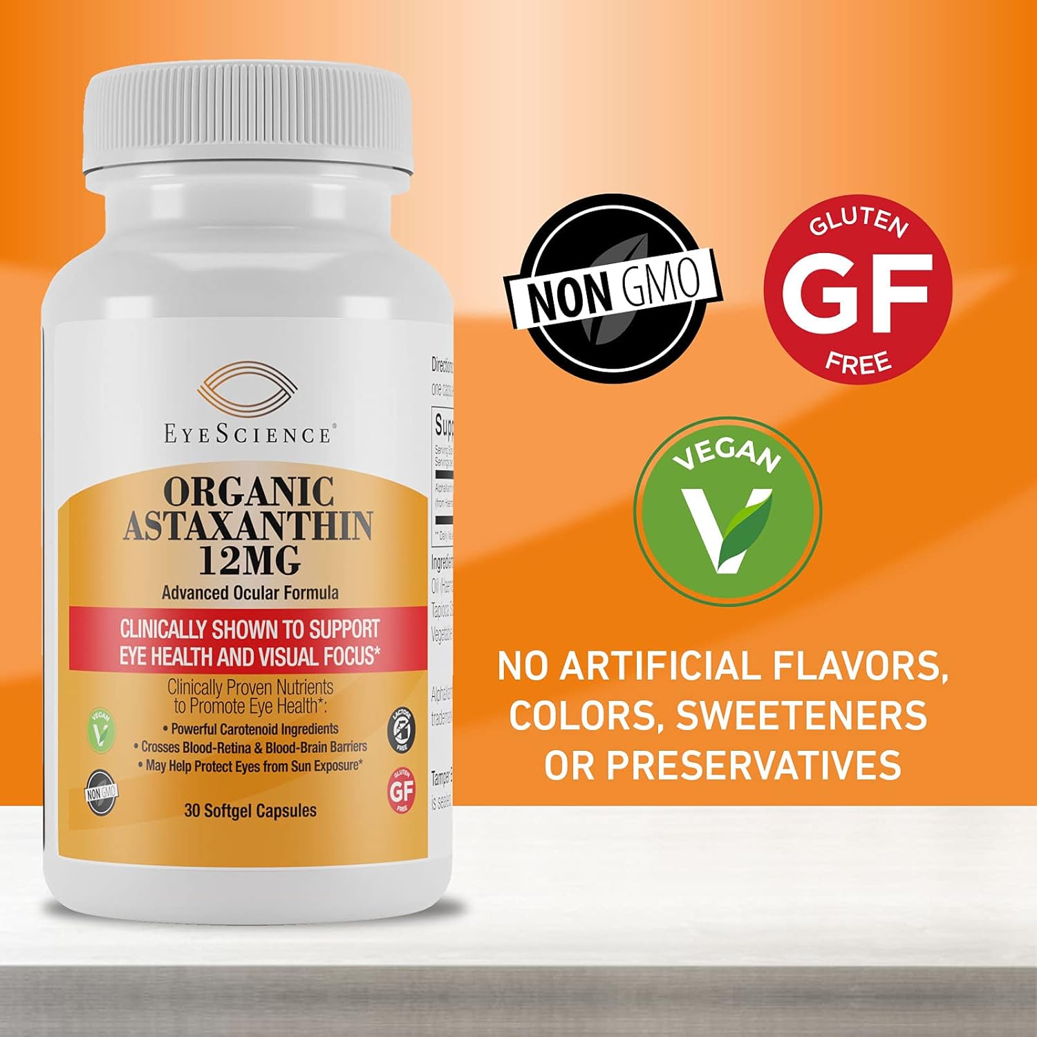 EyeScience Astaxanthin 12mg Capsules - 30 Count, Non-GMO & Gluten-Free